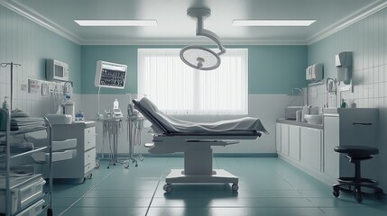 Poster - Empty obstetric care room with a clean table, a stethoscope, and medical supplies ready for consultation.