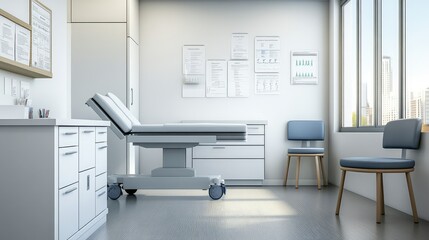 Poster - Empty obstetric clinic with an examination table, medical charts on the wall, and a clean, welcoming environment.