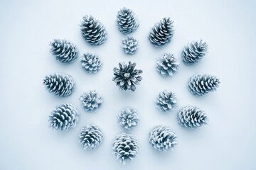Poster - Frost-covered pinecones arranged in a circular pattern on a snowy white backdrop