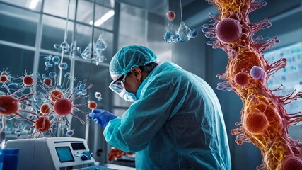 Poster - Scientist conducts research on viruses and cells in a laboratory during nighttime