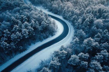 Poster - Frosty forest road winding through snow-laden trees, a picturesque winter pathway