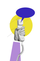 Poster - Vertical collage poster human hand hold telephone landline wire cable customer support textbox speech answer call hello
