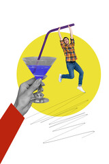 Poster - Vertical collage image young man hang martini liquid cocktail drink beverage drunk cheers bar pub menu order drawing doodles