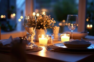 Wall Mural - Candlelit dinner setup with elegant glassware and floral centerpiece on a wooden table