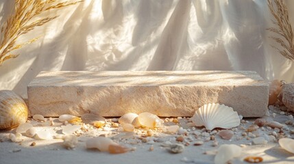 Aufkleber - Soft light filters through, illuminating a tranquil arrangement of seashells and smooth stones on a rustic surface, evoking a peaceful ambiance reminiscent of the beach