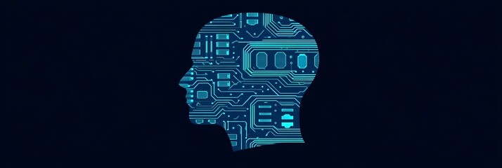 Aufkleber - human head silhouette with integrated motherboard patterns and binary code on dark blue background