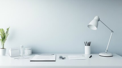 Poster - Minimalist medical desk setup with a stylish lamp, open documents, and a pen, professional consultation workspace.