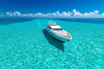 Leinwandbilder - A dynamic wide-angle shot of a white yacht gliding across vibrant turquoise waters, billowing white clouds dotting the sunlit sky,