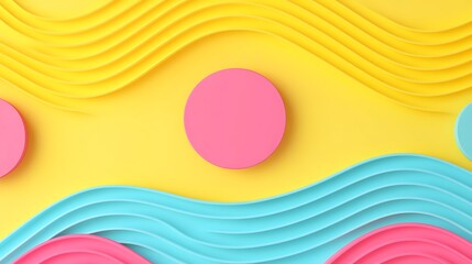 Wall Mural - Vibrant Abstract Background with Wavy Patterns and Colorful Circles in Yellow, Pink, and Blue Tones