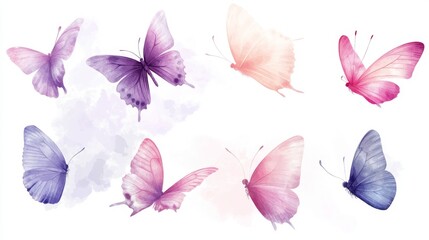 Wall Mural - 33.A collection of watercolor butterflies in various stages of flight, painted with soft gradients in pastel colors like pink, lavender, and sky blue. Each butterfly is delicately detailed, with