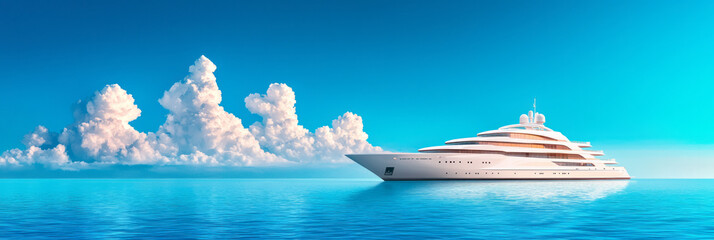 Leinwandbilder - A moody composition emphasizing shadows and sunlight on the yachtâ€™s white exterior, framed by pillowy clouds and a crystalline ocean hue,