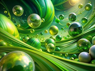 Wall Mural - Abstract Green Panoramic: Fluid Dynamic Shapes and Spheres