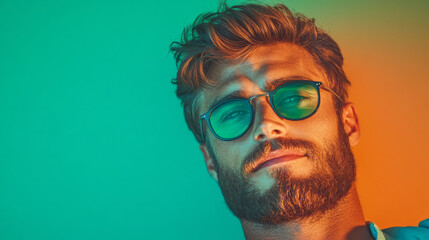 Poster - An elegant overhead perspective featuring gentle lighting, spotlighting the manâ€™s genuine smile and polished frames in a calm environment,
