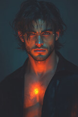 Poster - A moody low-key approach emphasizing his faceâ€™s highlights, the edges of his glasses glowing softly, and his smile forming a calm focal point,