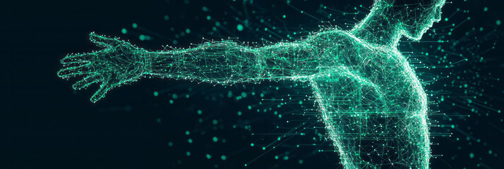 Fototapete - An abstract overhead view featuring a glowing wireframe model of the body, bright circuit-like patterns radiating from the torso,