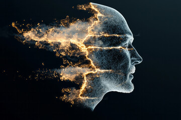 Aufkleber - An edgy, half-profile depiction of a digital figure with translucent glowing streams running along the face and shoulders, set against a black void,