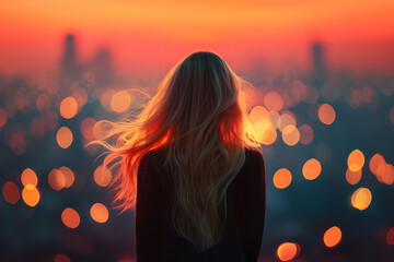 Poster - A cinematic half-body shot of a woman with flowing blonde hair gazing across a city skyline, the bokeh lights forming a soft, dreamy backdrop,