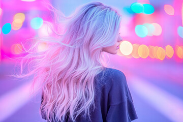 Poster - A subtle back-angle photograph where her long blonde hair cascades down, neon city glows creating a colorful bokeh swirl in the background,