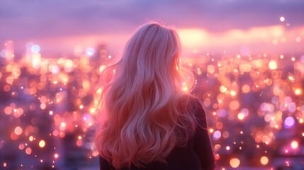 Poster - A stylized overhead shot showing her head tilted upward, the cityâ€™s twinkling bokeh lights providing a magical ambiance around her blonde waves,