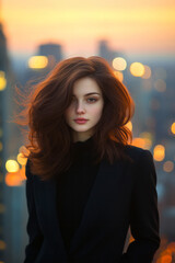 Poster - A modern horizontal composition highlighting the soft edges of her hair blowing in the breeze, contrasted by the sleek bokeh silhouette of skyscrapers,