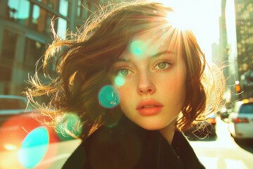 Aufkleber - A dreamy lens-flare approach capturing the sunâ€™s last rays igniting her hair, subtle bokeh dots reflecting off distant cars and building windows,