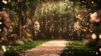 Sticker - 91.A romantic garden wedding ceremony with a backdrop of flowers in full bloom and hanging lights that create a whimsical atmosphere. The ceremony area is elegantly decorated with floral