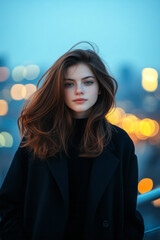 Poster - A minimal overhead vantage focusing on her hairâ€™s texture while she stands by a railing, the urban bokeh glimmering softly below,