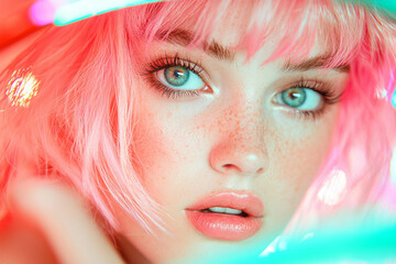 Aufkleber - A mid-range portrait emphasizing the contrast between her bright hair and a faint, multi-colored bokeh from the cityâ€™s neon signs,
