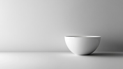 Poster - Sleek white bowl rests elegantly on a flat surface, surrounded by a tranquil gray backdrop. Soft lighting highlights its curves, embodying simplicity and sophistication in design