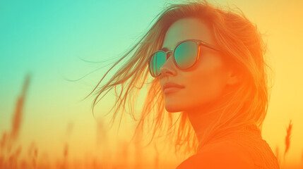 Aufkleber - A dynamic mid-body shot capturing the womanâ€™s carefree posture, salt-tinged breeze sweeping her hair as she takes in the summer view,