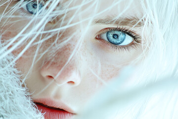 Poster - A cinematic close-up portrait capturing a young womanâ€™s serene face, her long white hair framing her clear blue eyes as she gazes into the camera,