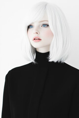 Aufkleber - A minimalist shot focusing on her striking white hair cascading over her shoulders, highlighting her bright blue eyes and calm expression,