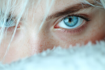 Poster - A cinematic close-up portrait capturing a young womanâ€™s serene face, her long white hair framing her clear blue eyes as she gazes into the camera,