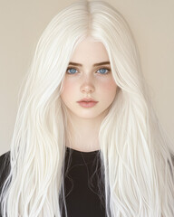 Aufkleber - A warm, softly lit portrait emphasizing the softness of her white tresses, with her blue-eyed gaze forming an immediate connection with the viewer,