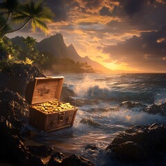 Wall Mural - An open treasure chest on the beach is full of gold coins, surrounded by palm trees and waves crashing against rocks in front of it. The background is an island with a cloudy sky at sunset, 