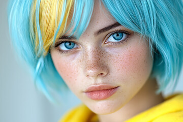 Aufkleber - A cinematic close-up portrait of a young womanâ€™s striking yellow-to-blue ombre hair, her matching two-toned eyes meeting the camera in calm confidence,