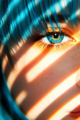 Aufkleber - A bold near-silhouette with only her luminous eyes and vivid color shift from yellow to blue hair emerging from soft shadows,