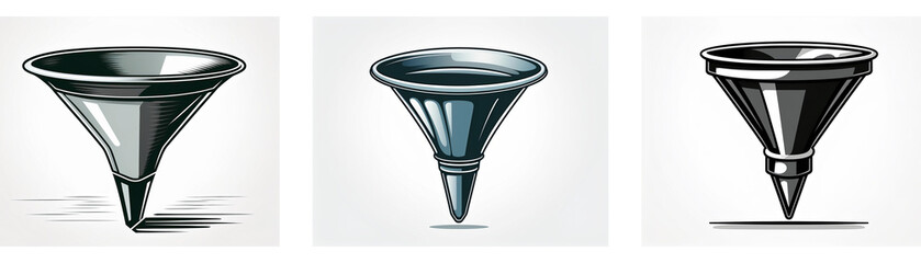 Poster - Three grayscale icons depict funnel-shaped kitchen utensils with pointed bases.  They are simple, yet effective visual representations.