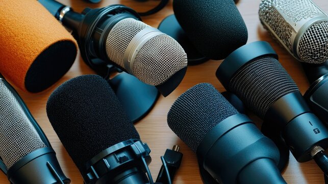 Different types of microphones with foam covers and pop filters, arranged neatly on a conference table.