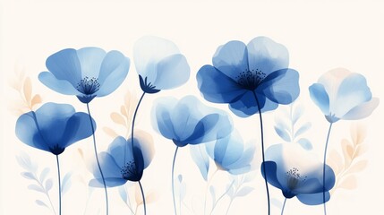 2.A stunning vector design featuring a collection of blue flowers rendered in watercolor, with each bloom painted in a gradient of blues, from soft sky blue to deeper navy. The flowers are arranged