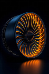 Poster - A moody side-angle shot capturing the reflective metallic surfaces of a jet engineâ€™s spinning turbine blades, bathed in subtle neon illumination,