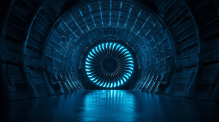 Poster - A futuristic approach showing intricate patterns of the fan blades, each edge radiating a faint blue glow in the otherwise shadowy aircraft bay,