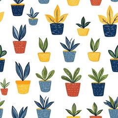 Wall Mural - Colorful seamless pattern featuring potted plants, isolate on a white background, vibrant and creative designs.