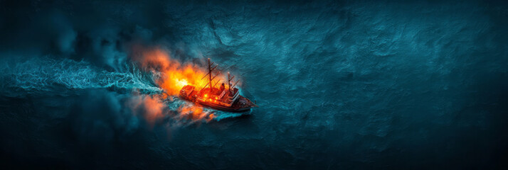 Poster - A dramatic top-down view showing the vessel plowing through violent waters, with reflections of its bright windows dancing on the midnight waves,