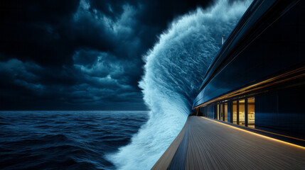Poster - A refined macro-like perspective of the bow cresting a wave, the gleam from deck lighting visible against the midnight surf,