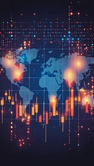 Poster - Global Financial Market Trends, Pixel Art with Candlestick Charts and Network Connections