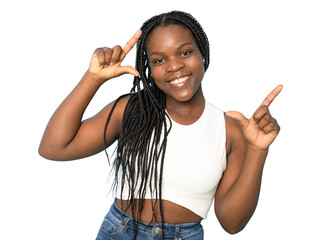 Wall Mural - Portrait of attractive cheerful girl showing frame sign posing hobby isolated over transparent background. PNG transparent.