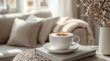 Poster - A steaming cup of coffee rests on a stylish table adorned with a textured placemat. Natural light streams through the windows, illuminating the soft decor and dried flowers nearby