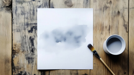 Minimalist artist workspace with a blank white canvas, black ink bottle, and wooden brush resting on a textured paper surface