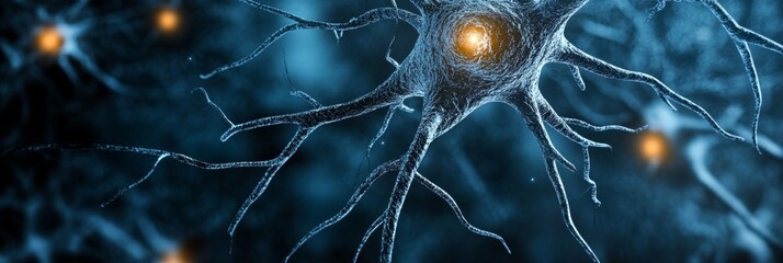 Poster - 3D Render of a Neuron, Synapses Firing, Neural Network, Brain Activity, Neuroscience Concept.
